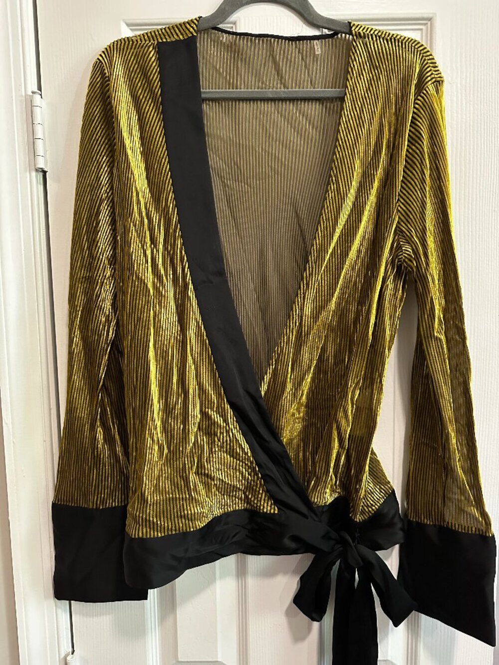 Diane von Furstenberg Metallic Striped Wrap Top - Gold/Black